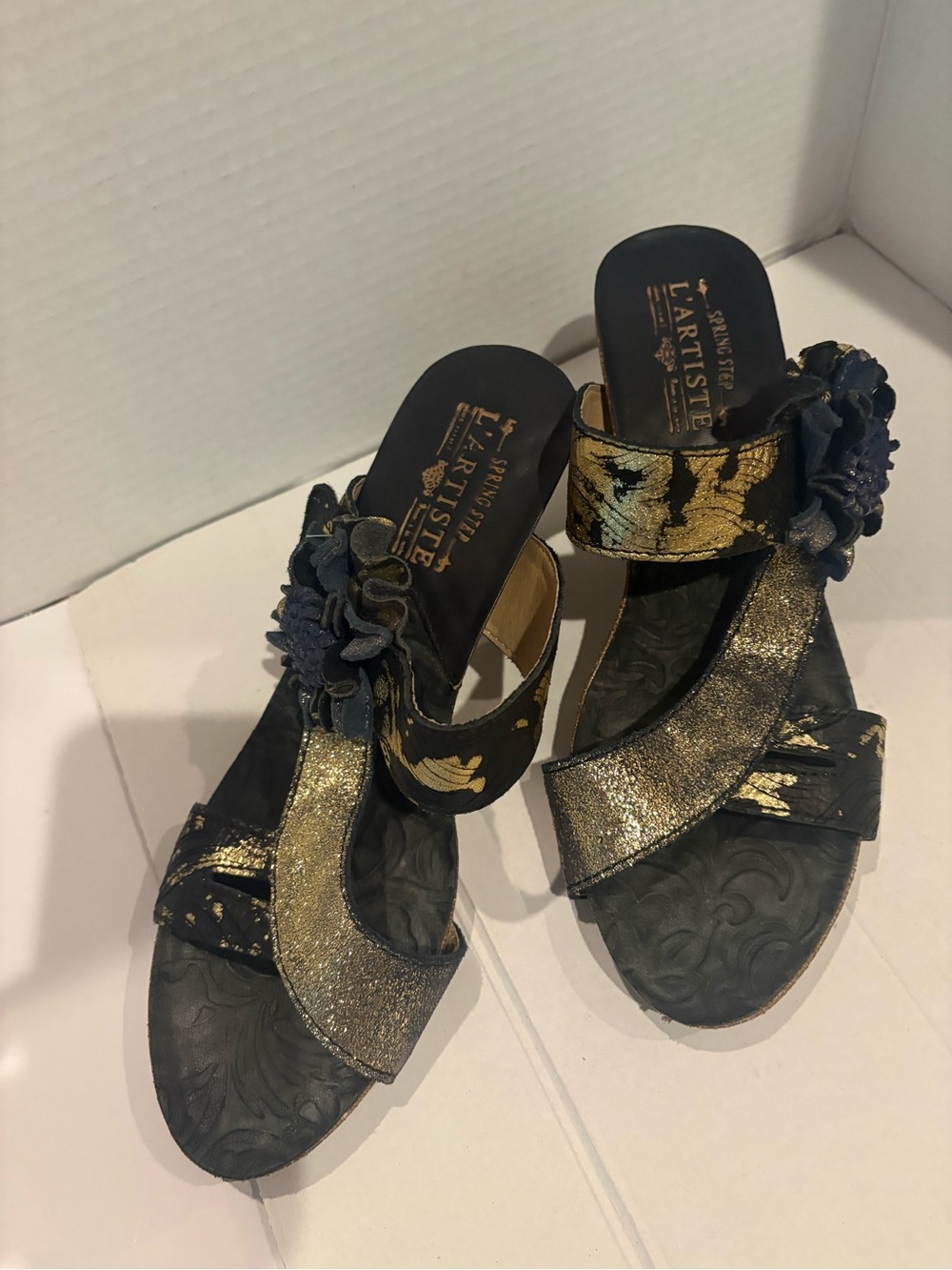 Spring Step Black and Gold Floral Embellished Slide Mules
